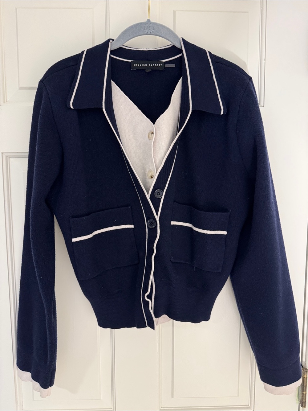 English Factory Navy Cardigan with Cream Trim and Patch Pockets